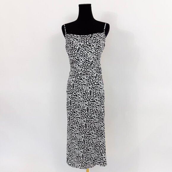 Dresses & Skirts - 90S STYLE SATIN SLIP DRESS DRAPED COWL NECK BLACK AND WHITE LEOPARD PRINT